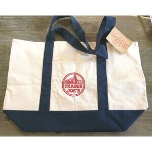 Trader Joe's Large Canvas Tote Bag New Beige Navy Blue